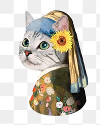 Png cat head woman, Johannes Vermeer's artwork remixed by rawpixel, transparent background