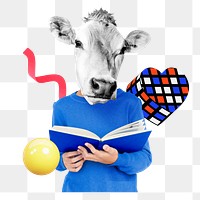 Reading cow png sticker, mixed media transparent background