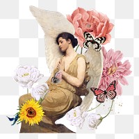 Floral angel png vintage sticker, Abbott Handerson Thayer's artwork mixed media transparent background. Remixed by rawpixel.