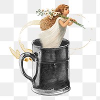 Coffee angel png vintage sticker, mixed media transparent background. Remixed by rawpixel.