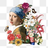 Floral lady png vintage sticker, Johannes Vermeer's  artwork mixed media transparent background. Remixed by rawpixel.