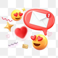 3D love emoticon png, love message sticker, transparent background