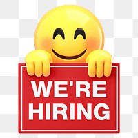 Png emoji holding hiring sign sticker, transparent background