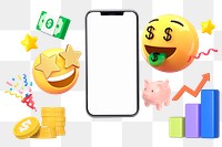 Money-mouth face png emoticon phone screen, growing revenue business, transparent background