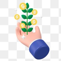 Business success png sticker, money plant hand 3D graphic, transparent background