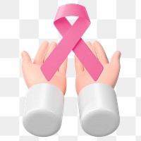 Breast cancer awareness png sticker, 3D hands cupping pink ribbon, transparent background