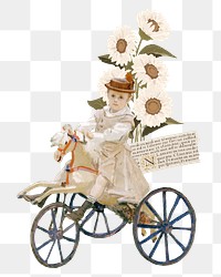 Girl riding tricycle png sticker, vintage illustration, transparent background