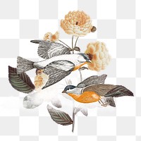 Vintage floral birds png sticker, transparent background