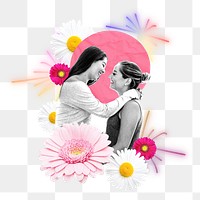Lesbian couple png sticker, floral aesthetic design, transparent background