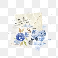 Vintage envelope png blue rose sticker, transparent background, remix illustration