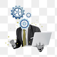 Businessman cogwheel head png sticker, paper collage, transparent background