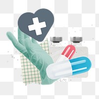 Aesthetic healthcare png sticker, vaccine and medicine paper collage, transparent background