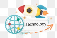 Technology word png sticker, space rocket collage, transparent background