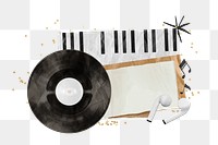 Retro music aesthetic png sticker, vinyl record and headphones paper collage, transparent background