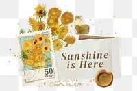 Sunshine is here png words sticker, Van Gogh's Sunflowers collage, transparent background, remixed by rawpixel