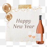 Happy New Year png greeting sticker, champagne bottle collage, transparent background