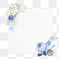 Grid notepaper png blue rose border sticker, transparent background, remix illustration