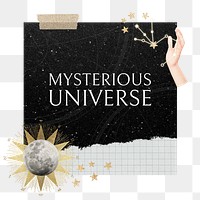 Mysterious universe words png sticker, astrology collage, transparent background