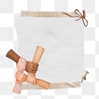 Diverse united hands png sticker, note paper, transparent background