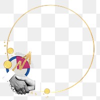 Business handshake png frame, gold circle shape, transparent background