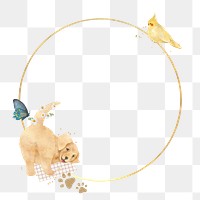 Gold circle png frame, Golden Retriever dog illustration, transparent background