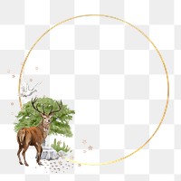 Gold circle png frame, stag deer wildlife illustration, transparent background