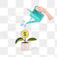 Watering plant money png sticker, transparent background