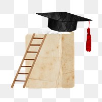Ladder png graduation cap sticker, education paper collage on transparent background