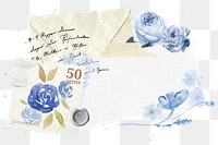 PNG vintage blue rose envelope sticker, transparent background, remix illustration