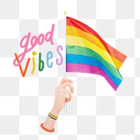 Good vibes words png sticker, waving pride flag, transparent background