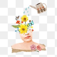 Self-growth woman png sticker, can watering mind collage, transparent background