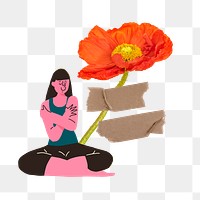 Woman hugging herself png sticker, flower collage element, transparent background