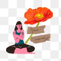 Self-love png sticker, woman hugging herself collage element, transparent background