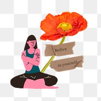 Woman hugging herself png sticker, believe in yourself quote, transparent background