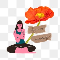 Woman hugging herself png sticker, you are my everything quote, transparent background