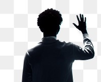 Png man touching invisible screen element, transparent background