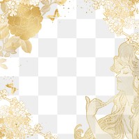 Alphonse Mucha's png gold frame, flower woman illustration, transparent background, remixed by rawpixel