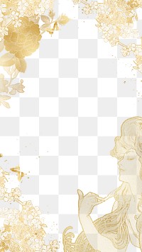 Alphonse Mucha's png gold frame, flower woman illustration, transparent background, remixed by rawpixel