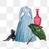 Blue Victorian dress png, transparent background with accessories, remixed by rawpixel