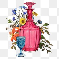 Floral pink bottle png sticker, transparent background. Vintage art remixed by rawpixel.