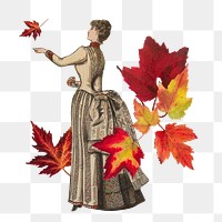 Png Victorian woman and maple leaves, vintage illustration on transparent background, remixed by rawpixel