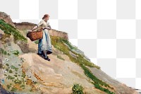 Girl Carrying png Basket border, Winslow Homer's vintage, transparent background, remixed by rawpixel