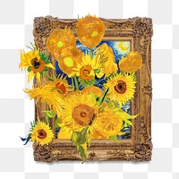 Gold frame png Van Gogh's Sunflowers painting sticker, transparent background, remixed by rawpixel