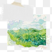 Famous painting png Van Gogh's Green Wheat Fields notepaper sticker, transparent background, remixed by rawpixel