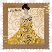 Gustav Klimt's png Portrait of Adele Bloch-Bauer I postage stamp sticker, transparent background, remixed by rawpixel