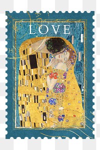 The Kiss png postage stamp, Gustav Klimt's famous artwork sticker, transparent background, remixed by rawpixel