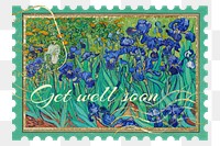 Vintage postage stamp png Vincent Van Gogh's Irises sticker, transparent background, remixed by rawpixel