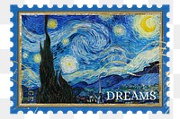Vintage postage stamp png Vincent Van Gogh's The Starry Night sticker, transparent background, remixed by rawpixel