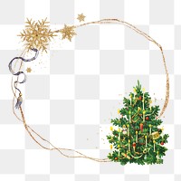 Christmas tree png frame, gold circle shape on transparent background