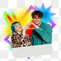 Couple heart hands png sticker, creative neon gradient remix on transparent background